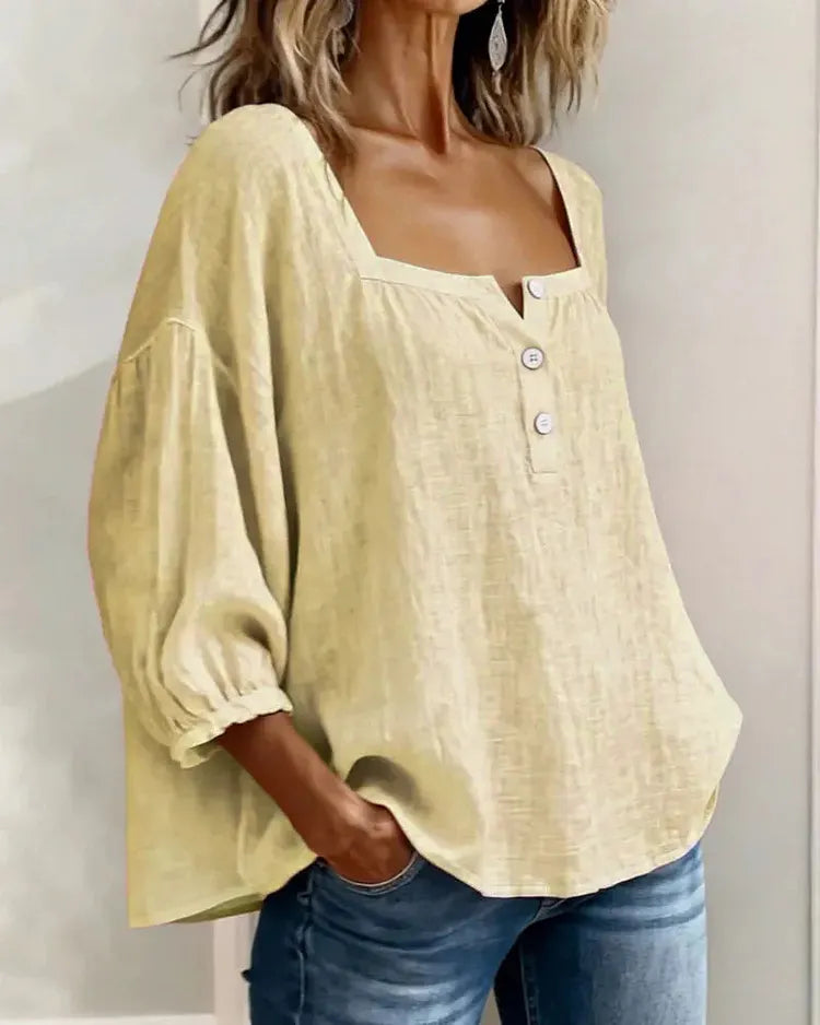Colette | Square-Neck Linen Blouse with Puffy Sleeves
