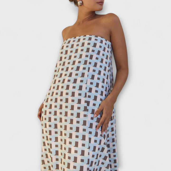 Rjava - Unique Geometric Off-Shoulder Maxi Dress
