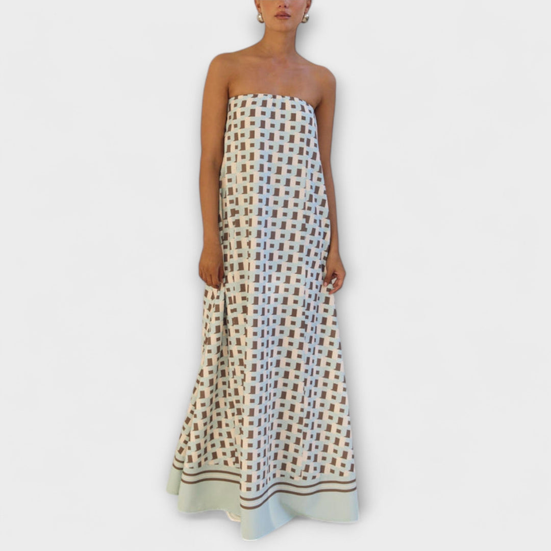 Rjava - Unique Geometric Off-Shoulder Maxi Dress