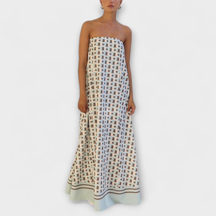Rjava - Unique Geometric Off-Shoulder Maxi Dress
