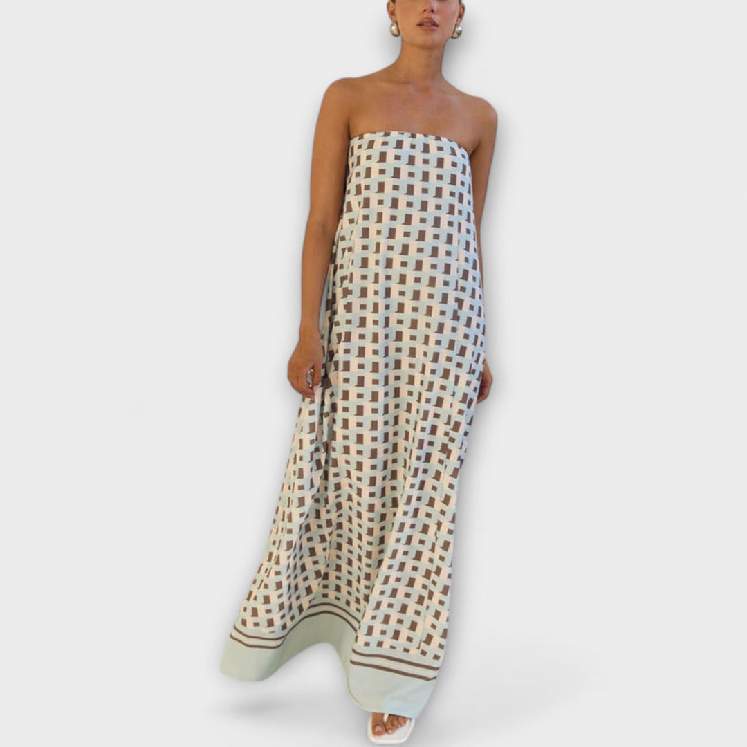 Rjava - Unique Geometric Off-Shoulder Maxi Dress