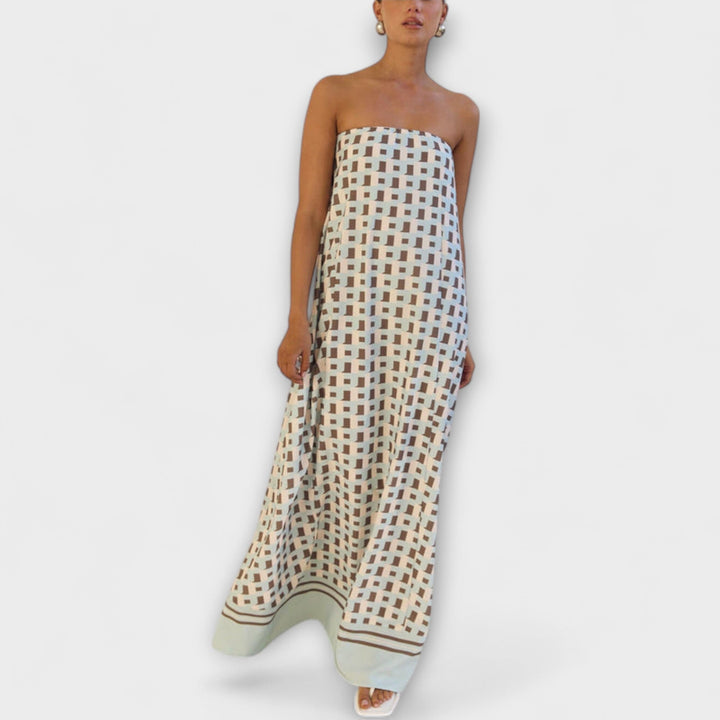 Rjava - Unique Geometric Off-Shoulder Maxi Dress
