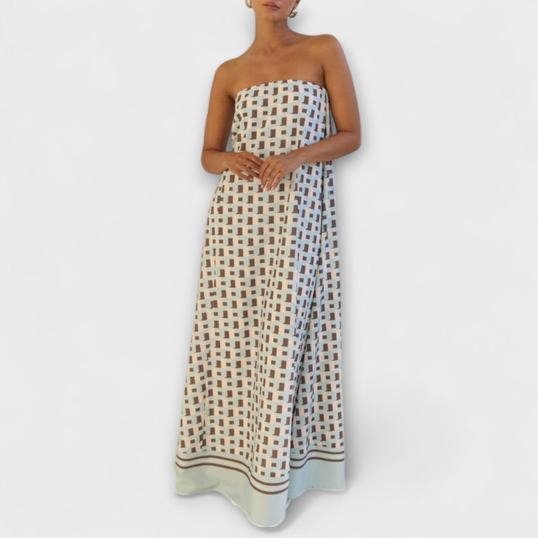 Rjava - Unique Geometric Off-Shoulder Maxi Dress