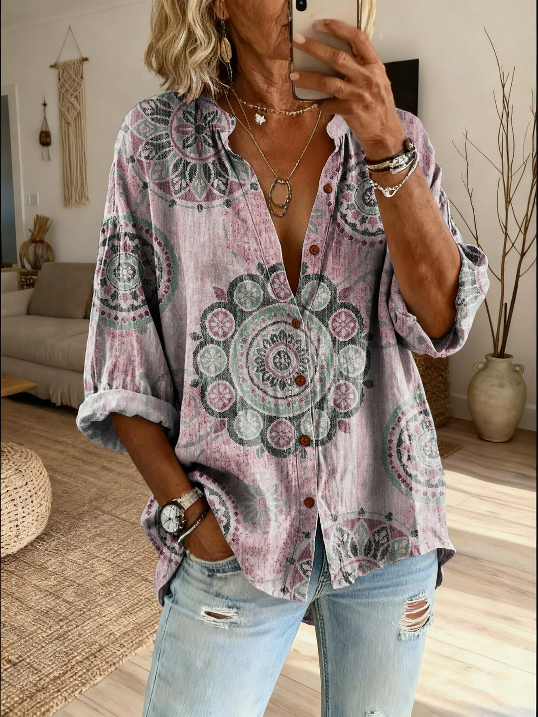 Iris | Bohemian Mandala Print Shirt with Ruffled Collar