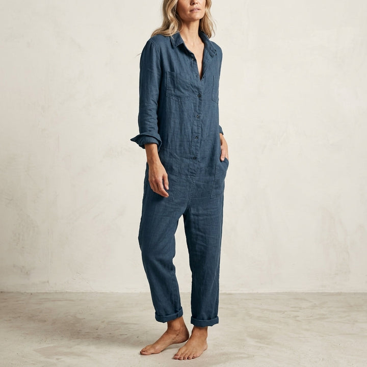 Elvina | Button-Front Linen Jumpsuit & Cargo Pockets