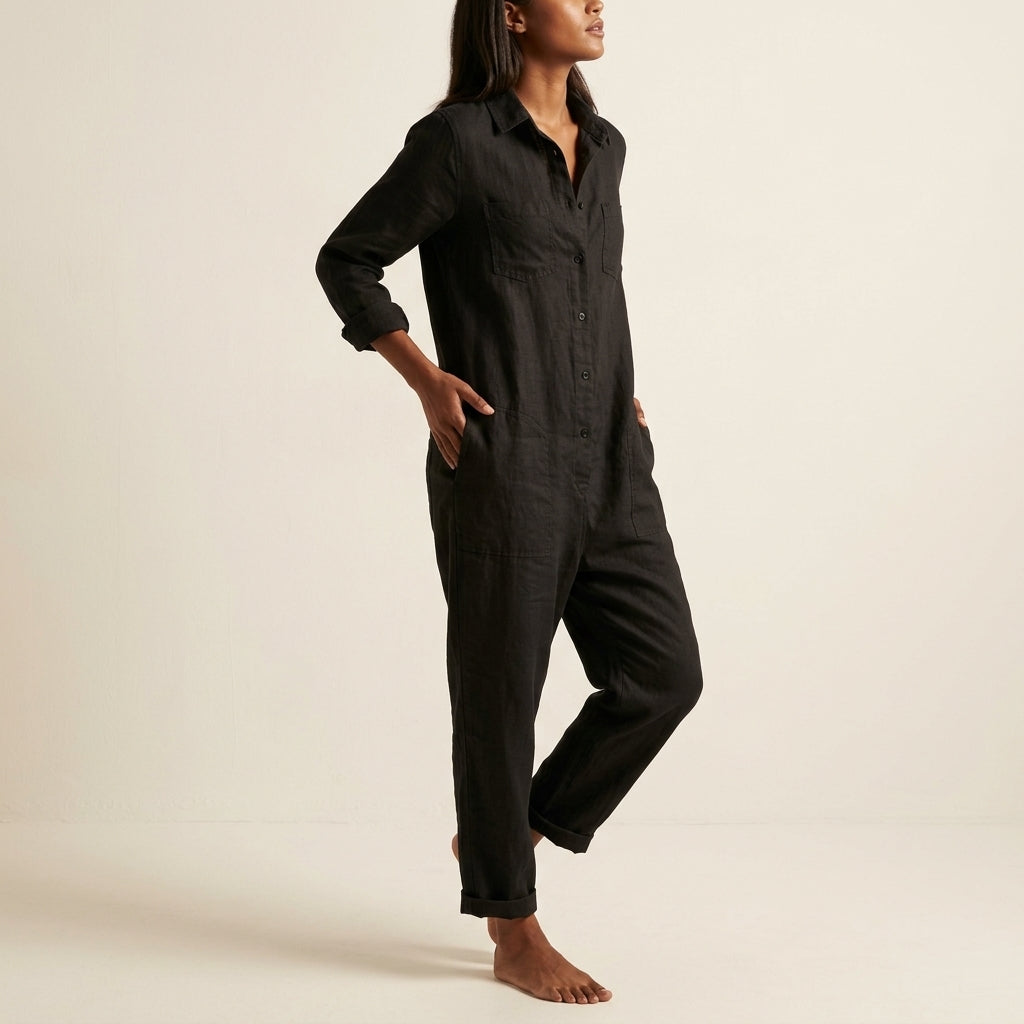 Elvina | Button-Front Linen Jumpsuit & Cargo Pockets
