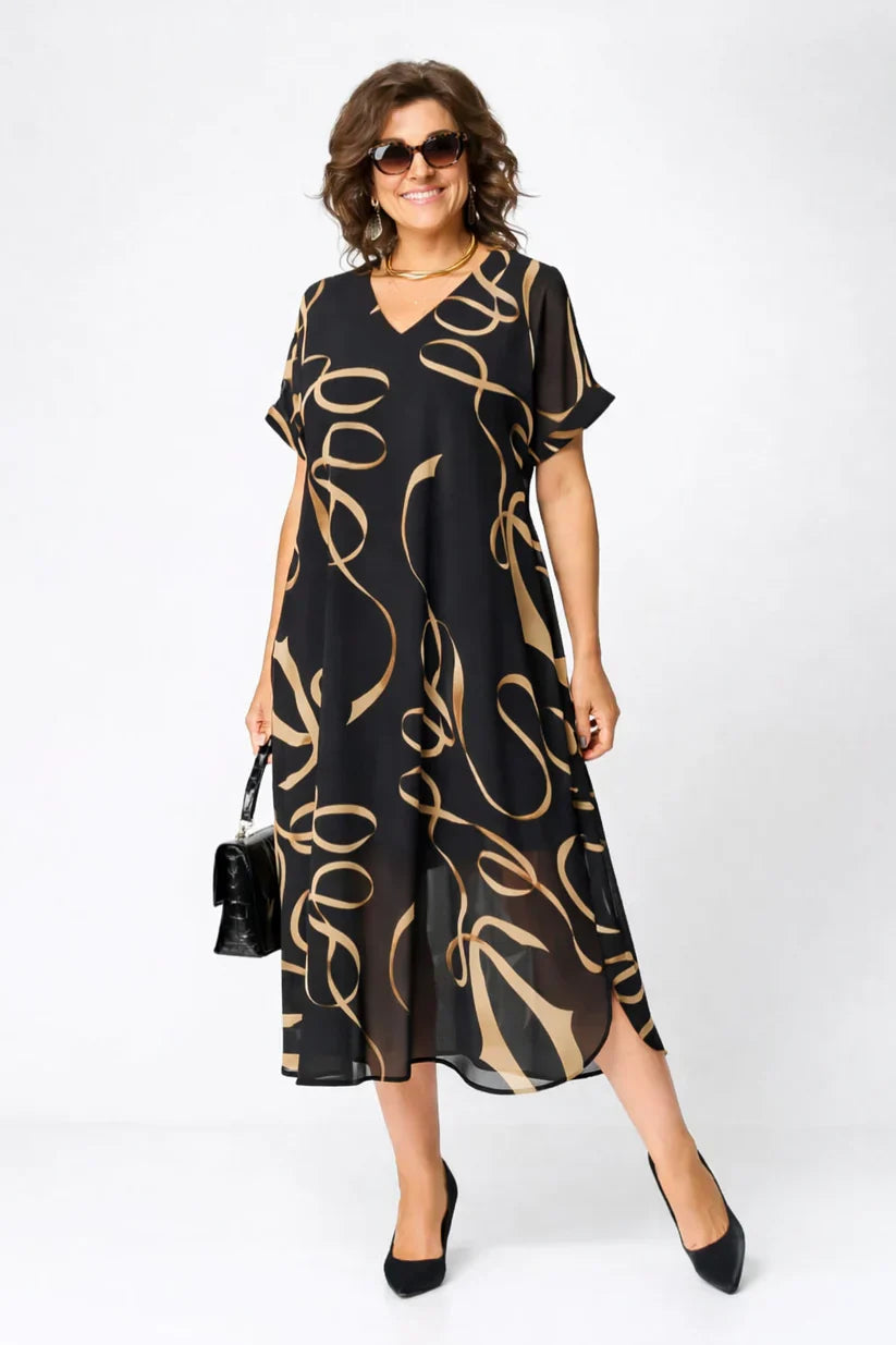 Mode Lumiére™ | Amélie Gold Patterned Flowing Midi Dress