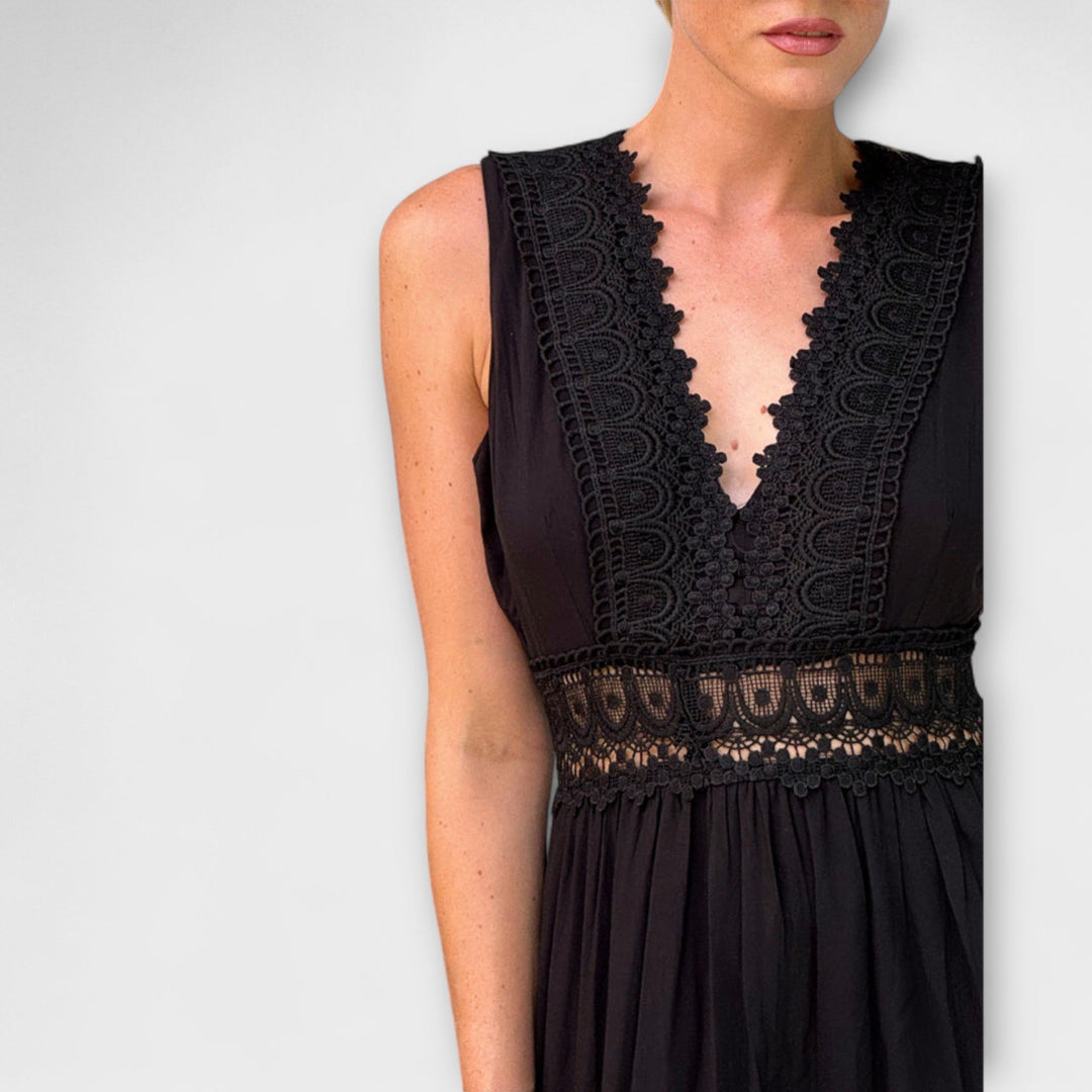 Mode Lumiére™ Aurélie - Elegant Lace V-Neck Dress