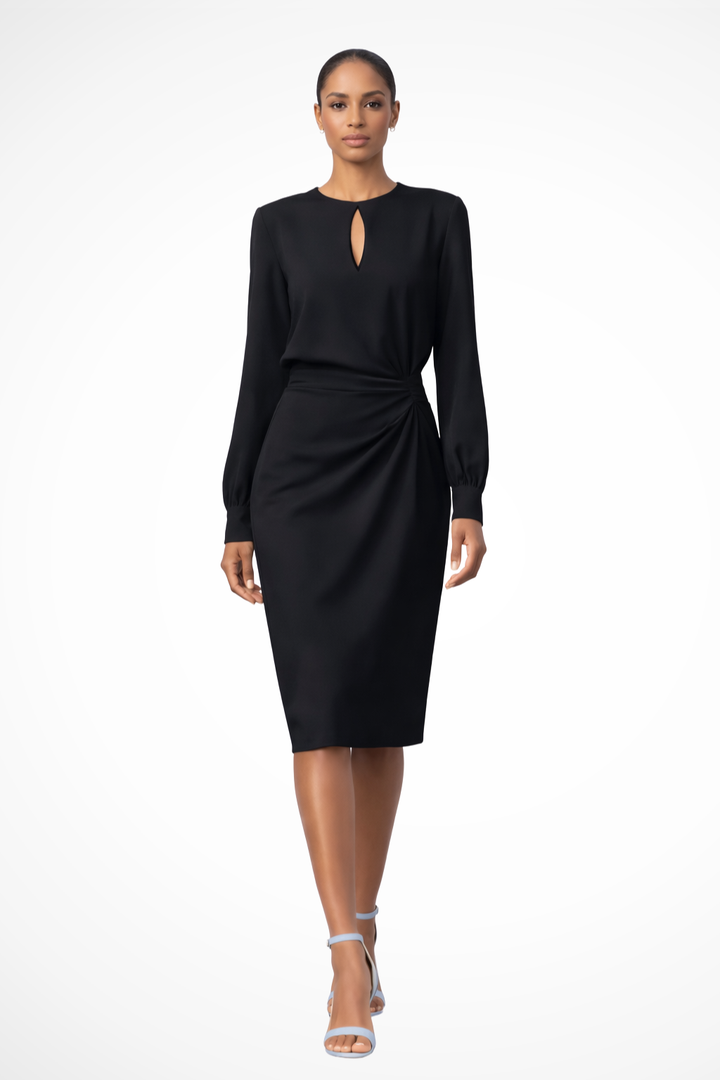 Caliora | Black Long Sleeve & Side Ruched Midi Dress