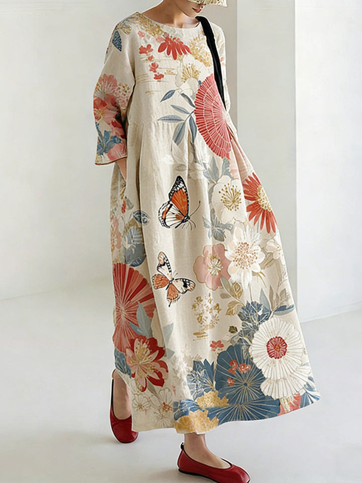 Women's Japanese-Style Floral and Butterfly Print Dress