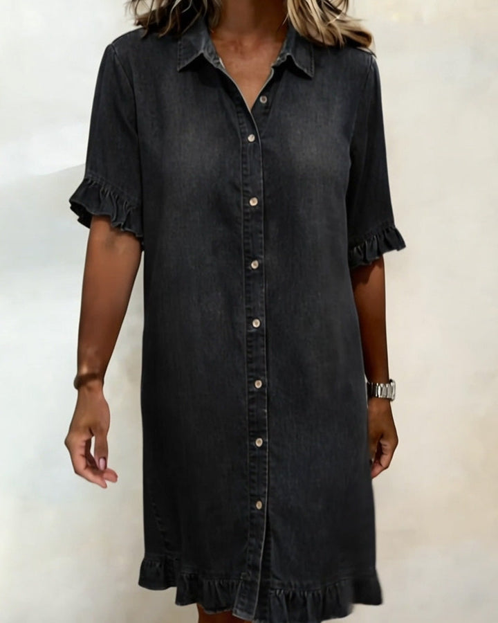Mode Lumiere™ | Comfortable Denim Dress with Flattering Pleats