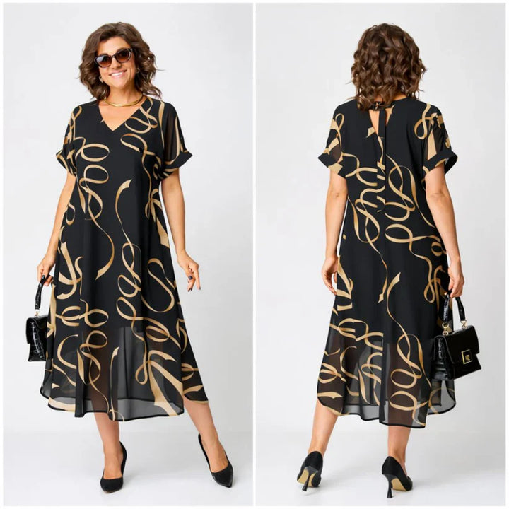 Mode Lumiére™ | Amélie Gold Patterned Flowing Midi Dress