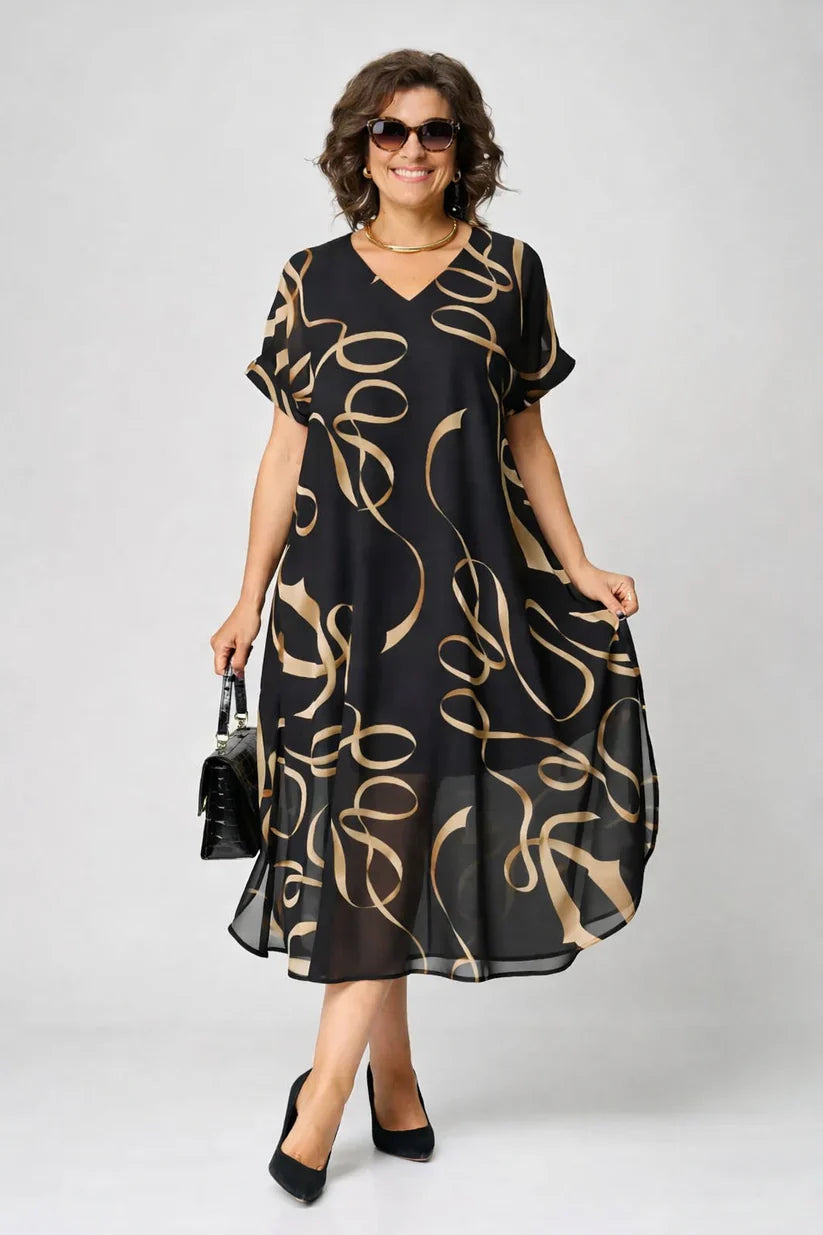 Mode Lumiére™ | Amélie Gold Patterned Flowing Midi Dress