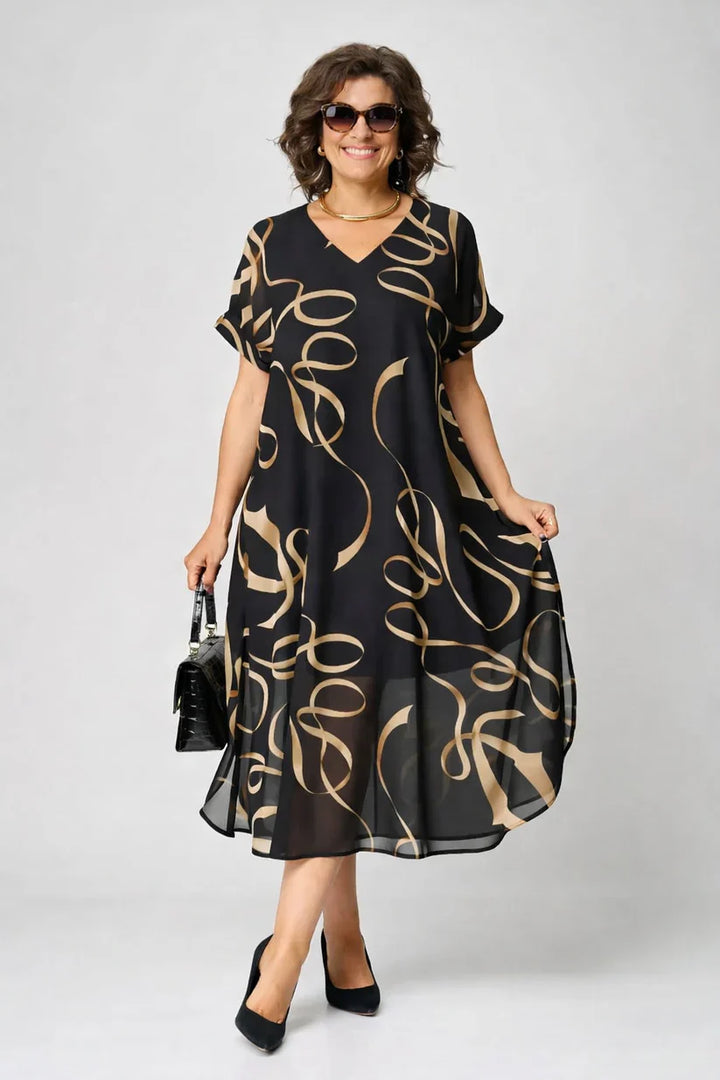 Mode Lumiére™ | Amélie Gold Patterned Flowing Midi Dress