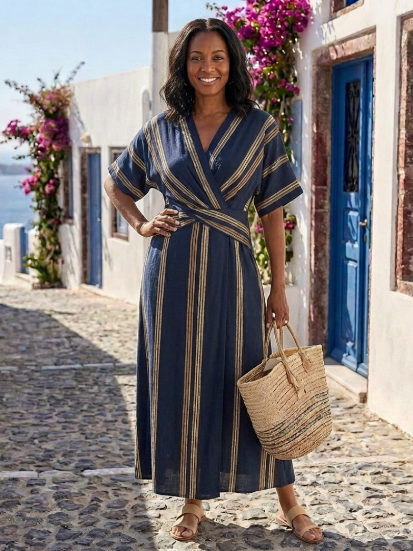 Saphira | Striped short-sleeved V-neck midi dress