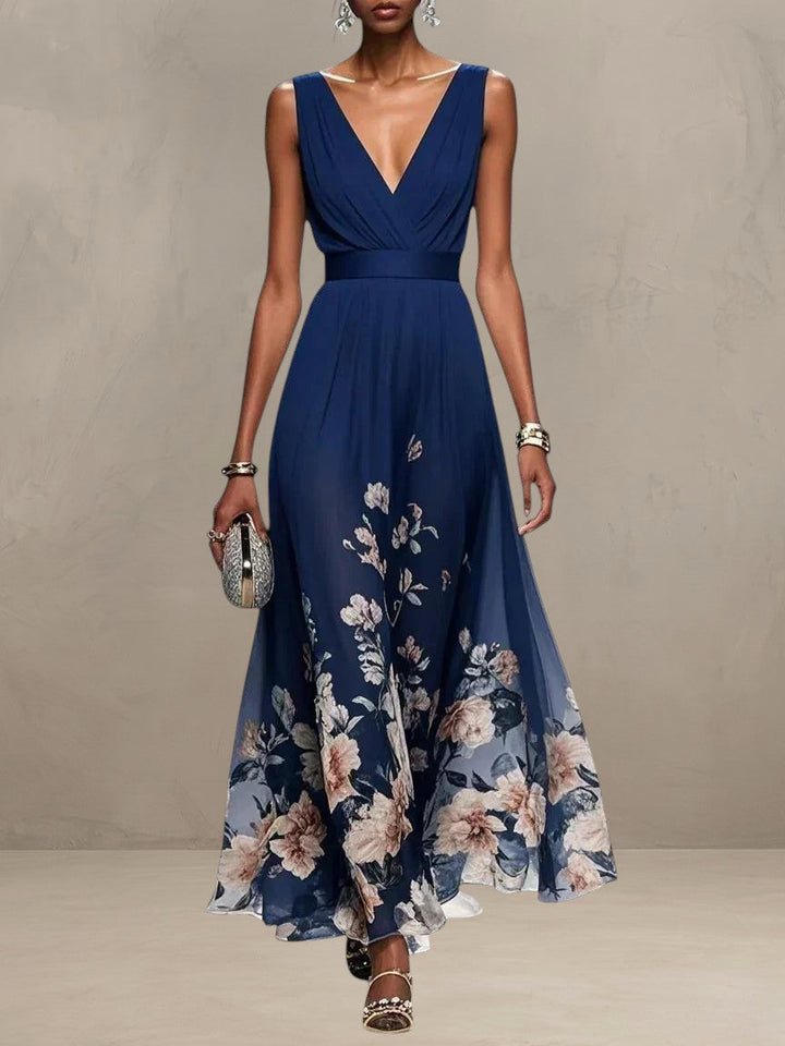 ROSA | V-NECK FLORAL CHIFFON MAXI DRESS