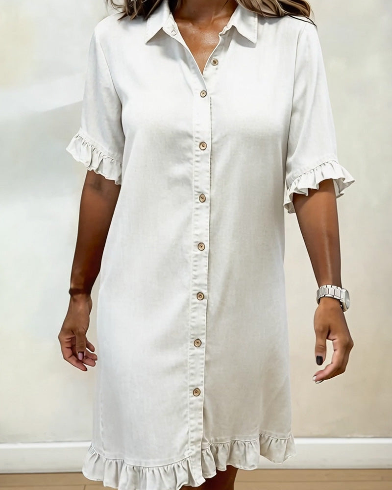 Mode Lumiere™ | Comfortable Denim Dress with Flattering Pleats