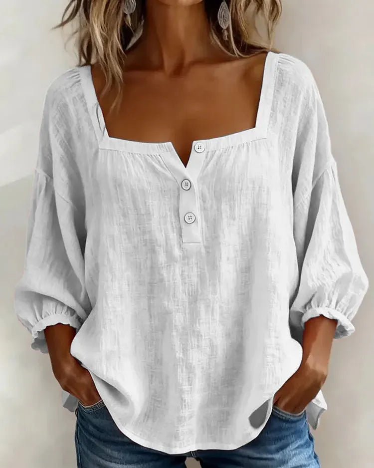 Colette | Square-Neck Linen Blouse with Puffy Sleeves