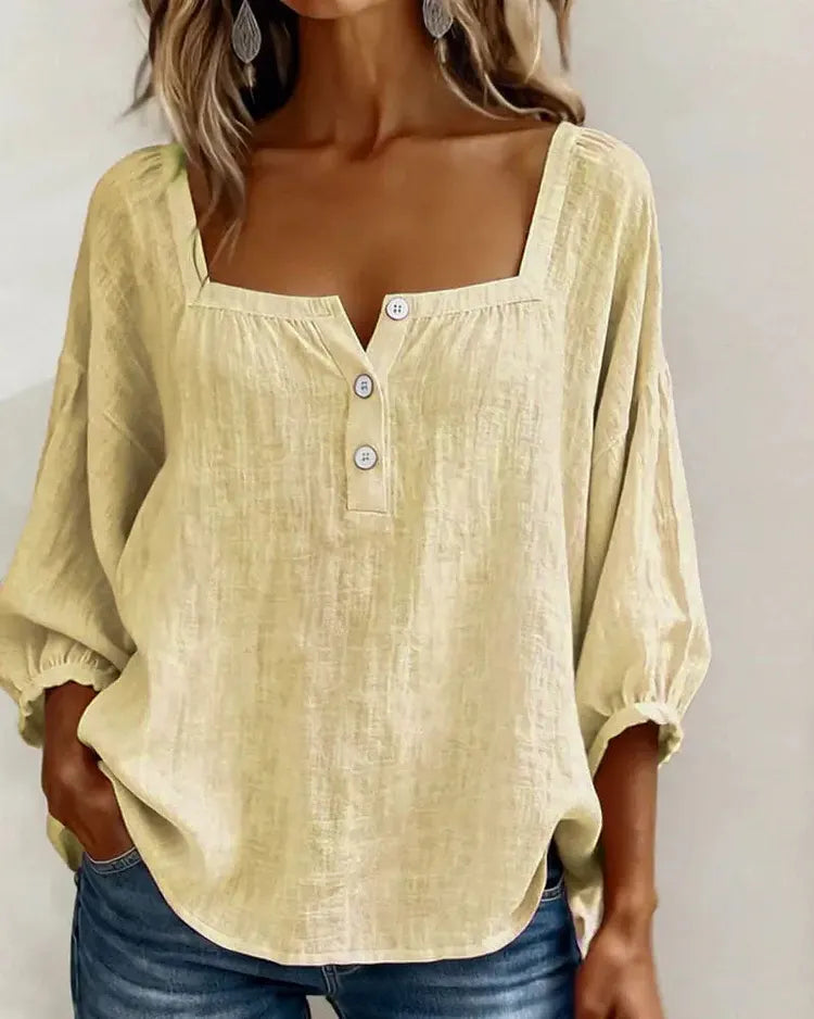 Colette | Square-Neck Linen Blouse with Puffy Sleeves