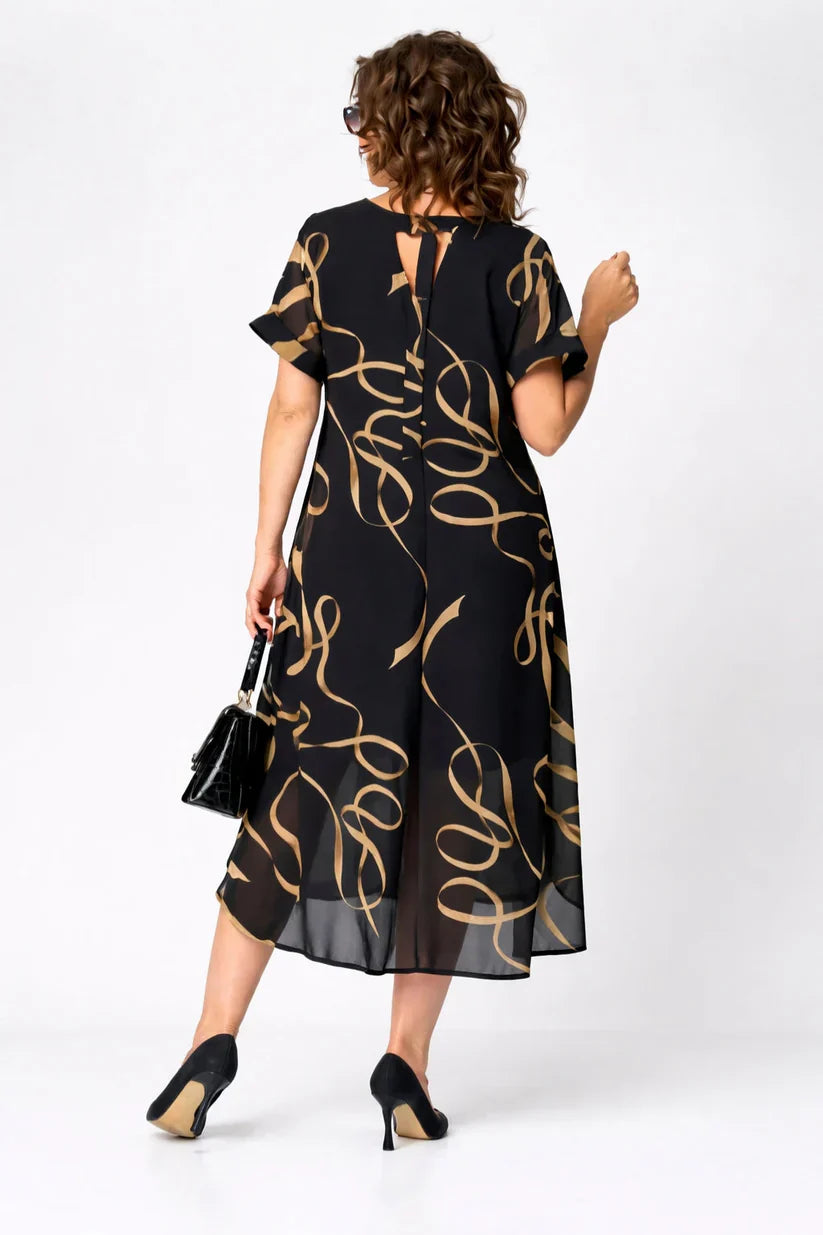 Mode Lumiére™ | Amélie Gold Patterned Flowing Midi Dress