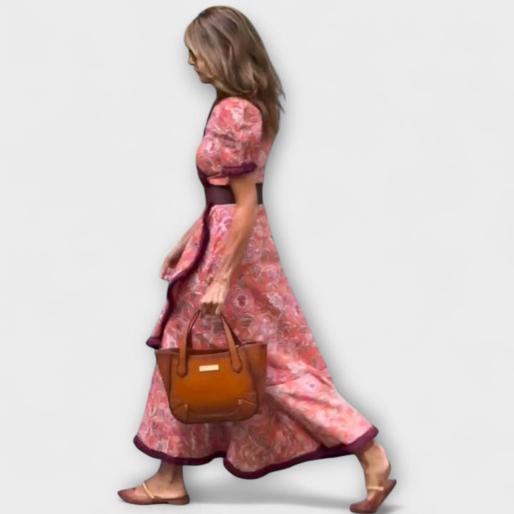 Elegant pink short-sleeved maxi dress