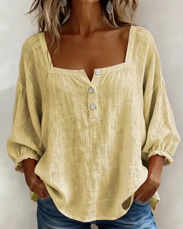 Colette | Square-Neck Linen Blouse with Puffy Sleeves