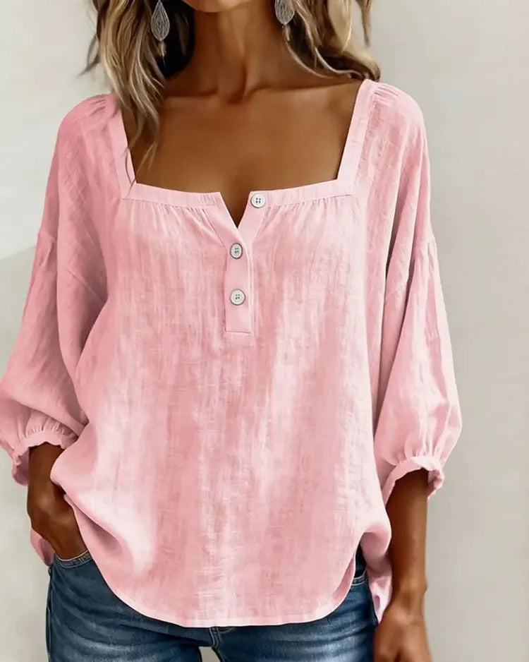 Colette | Square-Neck Linen Blouse with Puffy Sleeves