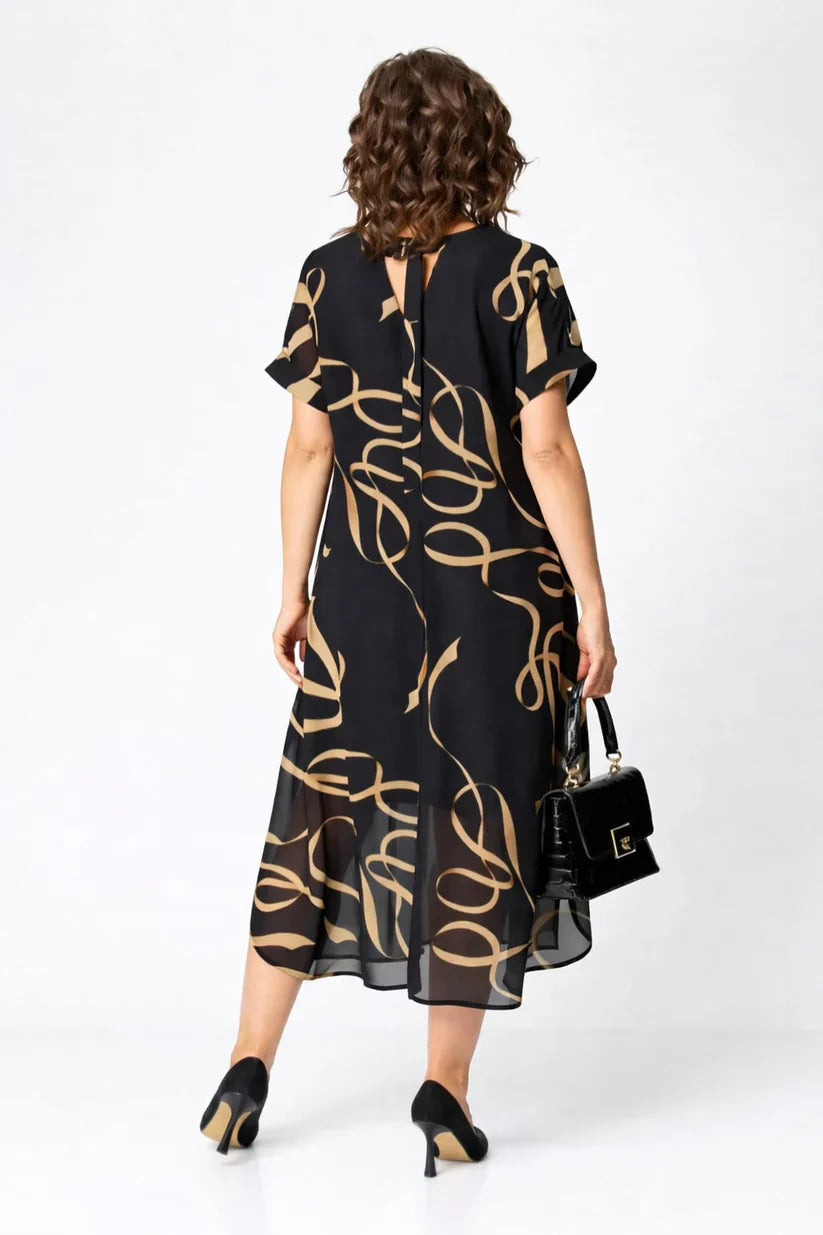 Mode Lumiére™ | Amélie Gold Patterned Flowing Midi Dress
