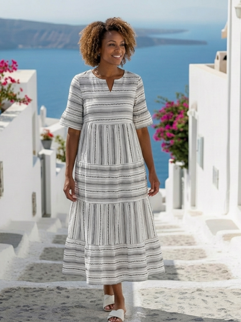 Parisa | Tiered Stripe Short Sleeve Midi Dress
