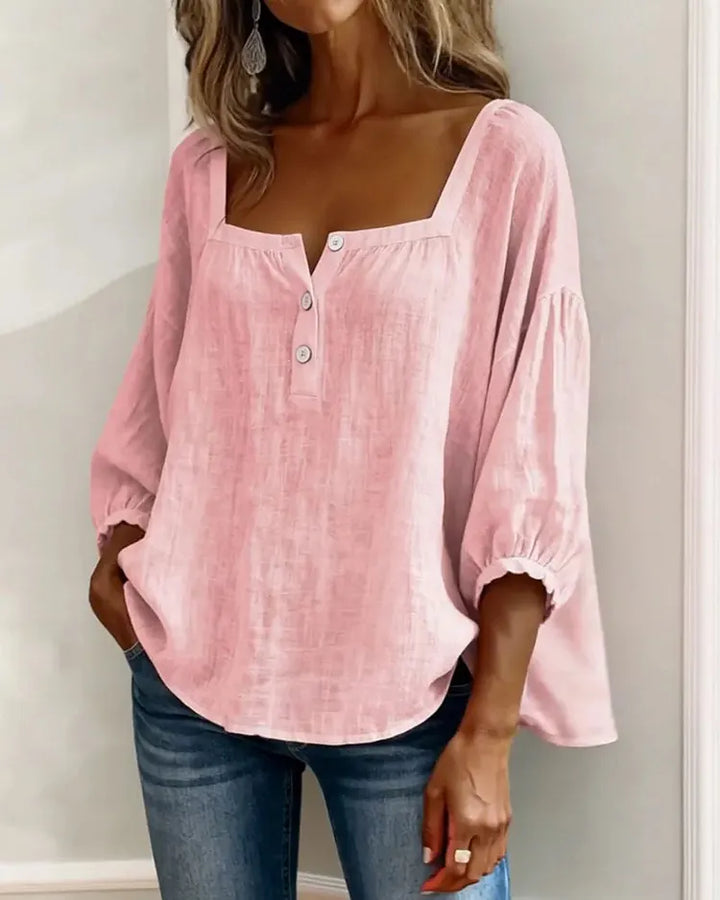 Colette | Square-Neck Linen Blouse with Puffy Sleeves