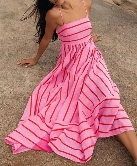 Elsie | Women's Striped Maxi Dress with Scooped Neck