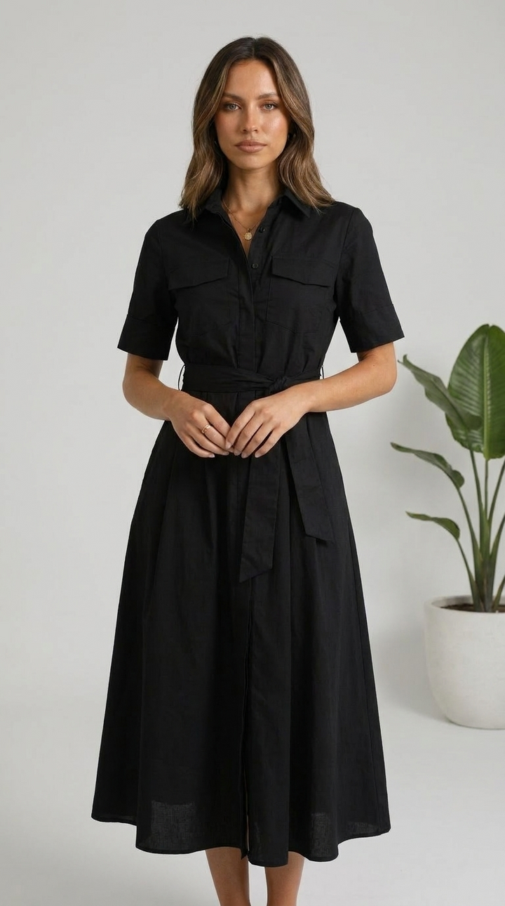 Mode Lumière™ - Elegant Tie-Waist Shirt Dress