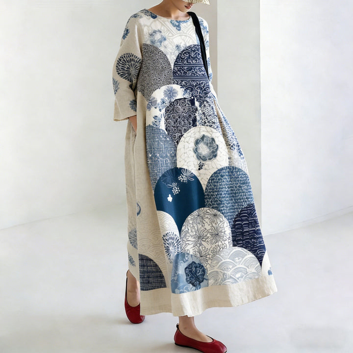 Women's Japanese Style Linen Dress with Geometric and Floral Patterns