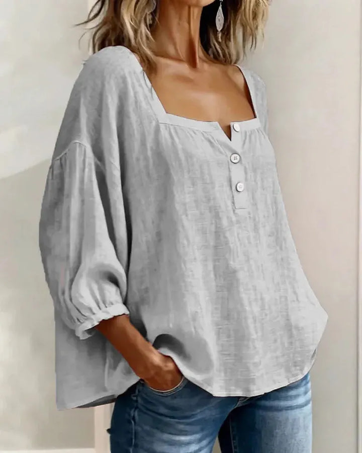 Colette | Square-Neck Linen Blouse with Puffy Sleeves