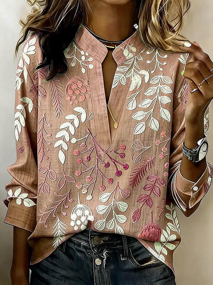 Véronique | Split V-Neck Foliage Print Blouse