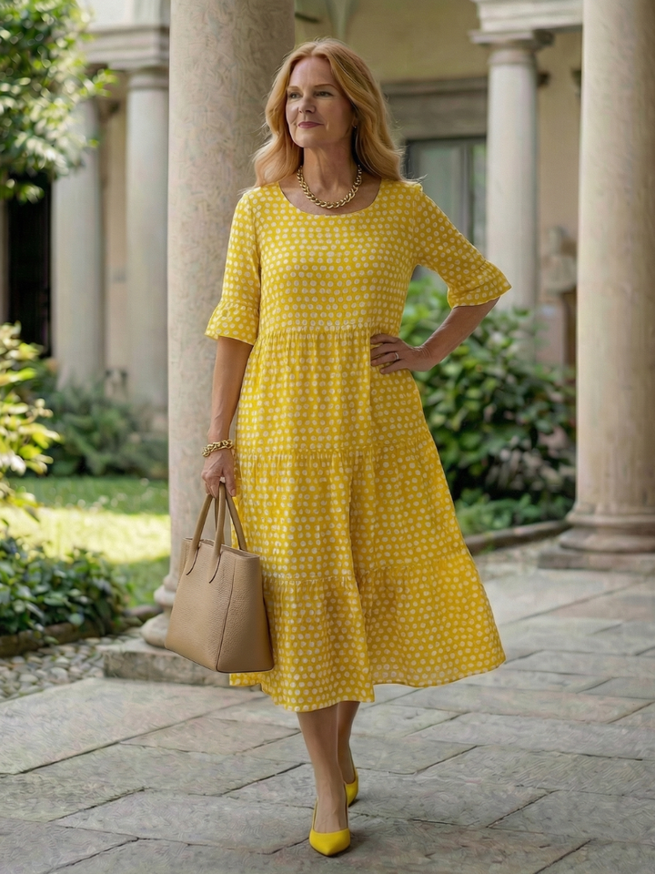 Arlo | Short Sleeve Polka Dot Ruffle Midi Dress