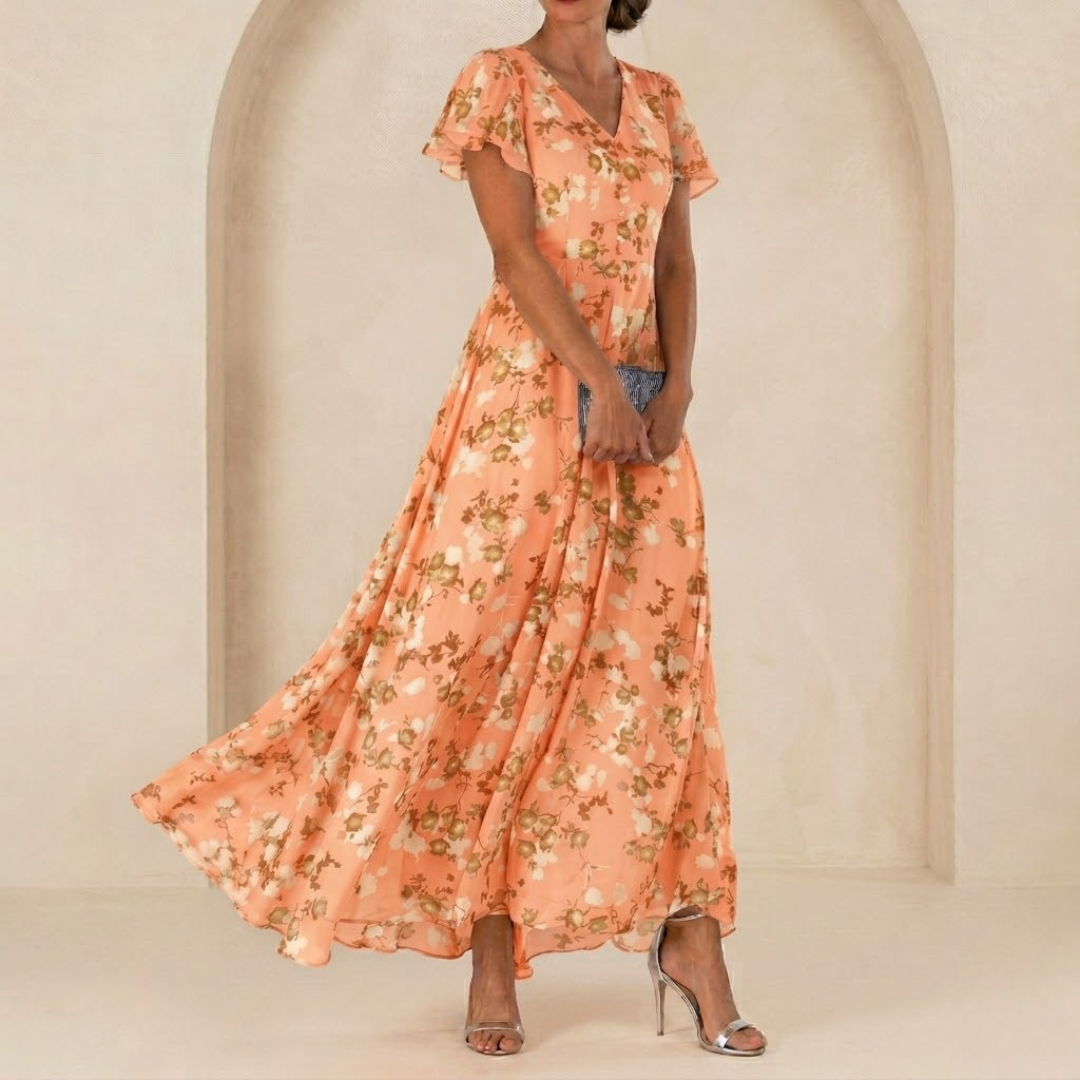Léonie | Flowy Maxi Dress with Wrap Neck and Sheer Sleeves