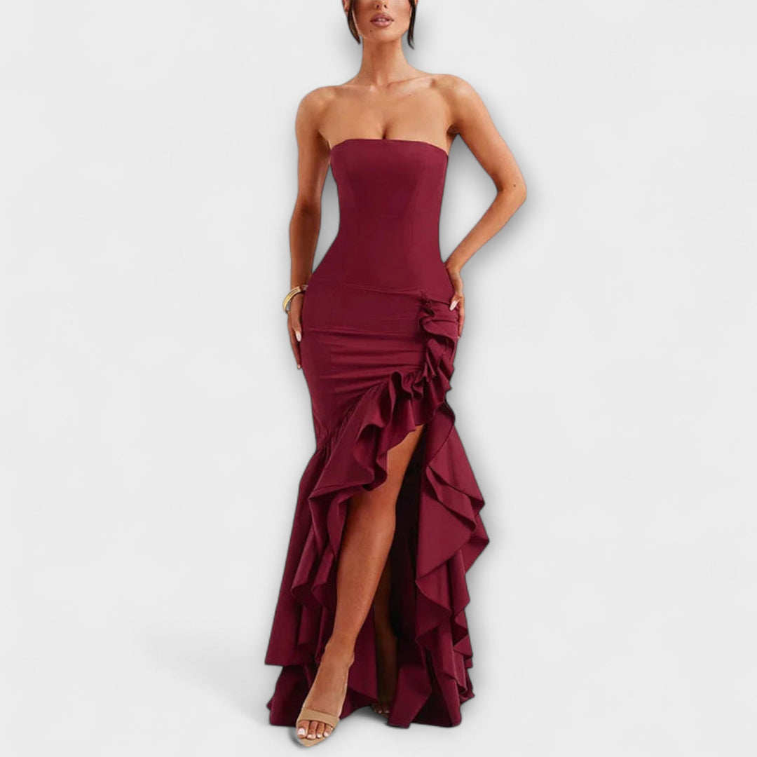 Zuri - Cold Shoulder Asymmetric Hem Maxi Dress