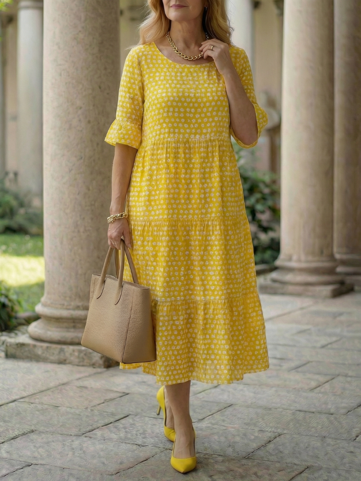 Arlo | Short Sleeve Polka Dot Ruffle Midi Dress