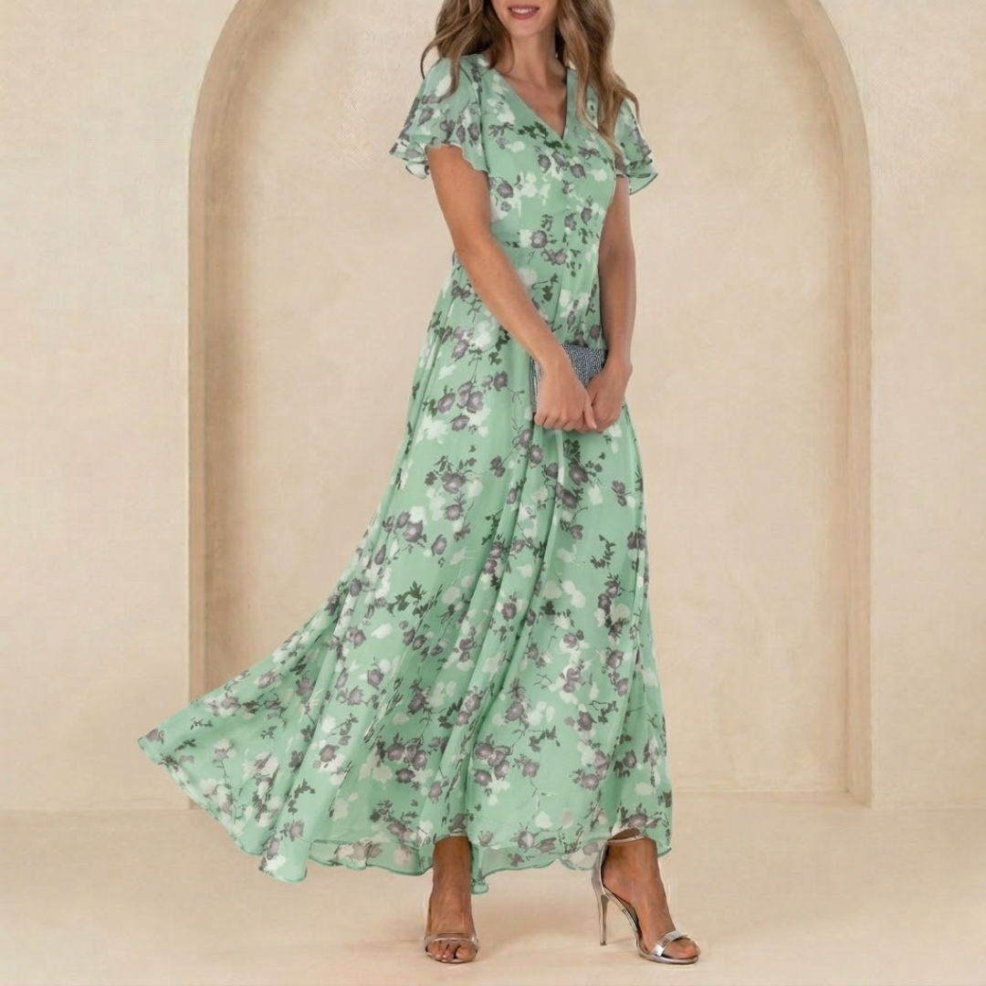 Léonie | Flowy Maxi Dress with Wrap Neck and Sheer Sleeves
