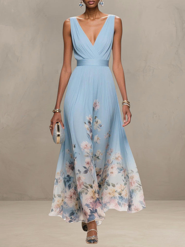 ROSA | V-NECK FLORAL CHIFFON MAXI DRESS