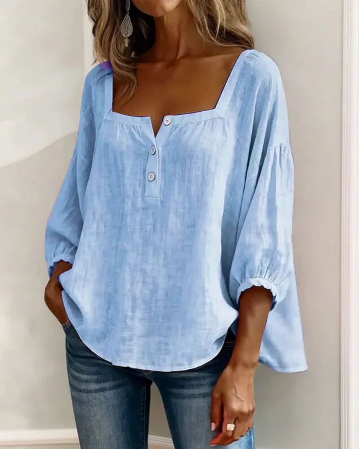 Colette | Square-Neck Linen Blouse with Puffy Sleeves