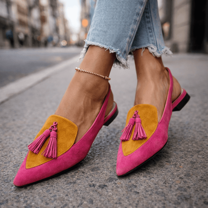 Lorena | Two-Tone Suede Flat Mules & Pom-poms