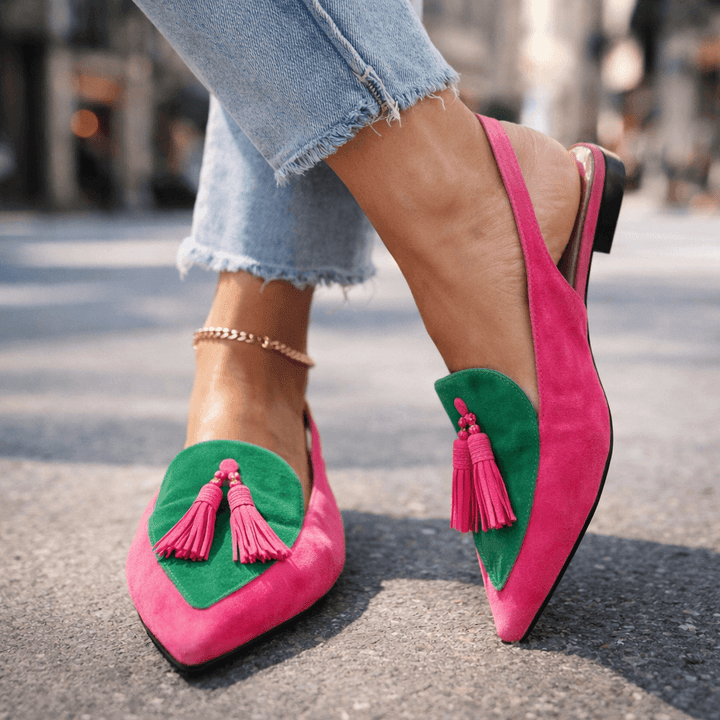 Lorena | Two-Tone Suede Flat Mules & Pom-poms