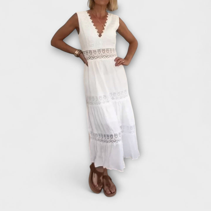 Mode Lumiére™ Aurélie - Elegant Lace V-Neck Dress