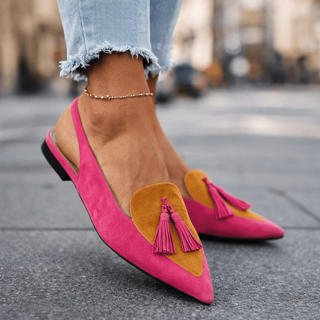 Lorena | Two-Tone Suede Flat Mules & Pom-poms