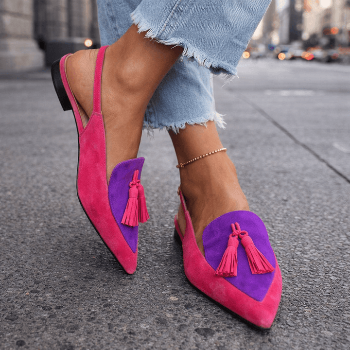 Lorena | Two-Tone Suede Flat Mules & Pom-poms