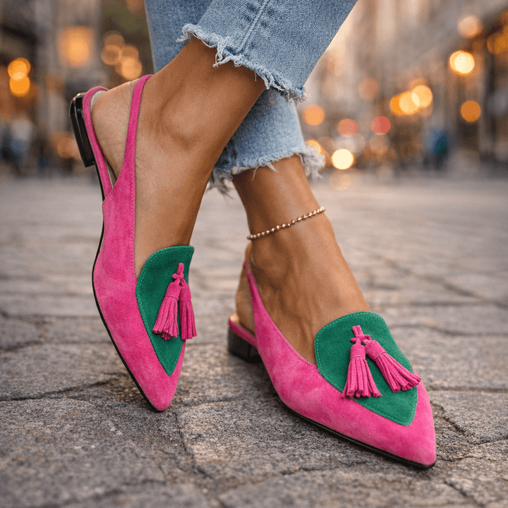 Lorena | Two-Tone Suede Flat Mules & Pom-poms
