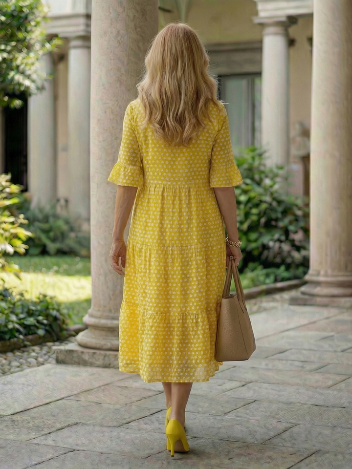 Arlo | Short Sleeve Polka Dot Ruffle Midi Dress