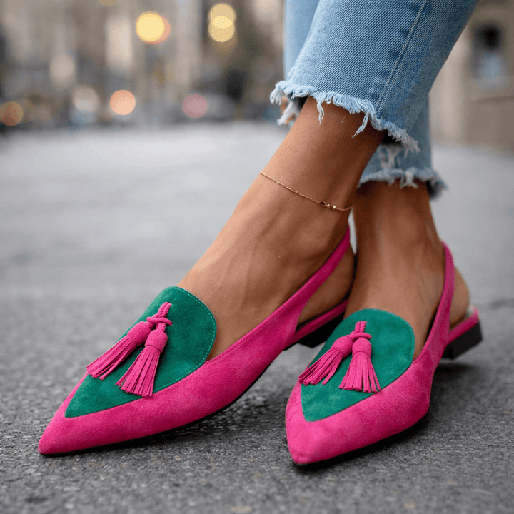 Lorena | Two-Tone Suede Flat Mules & Pom-poms